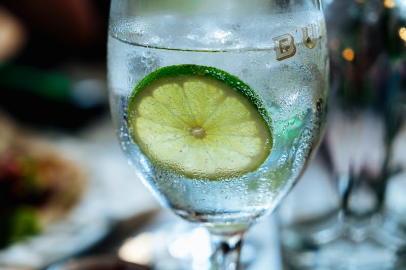 Sparkling water with ice and lemon slice